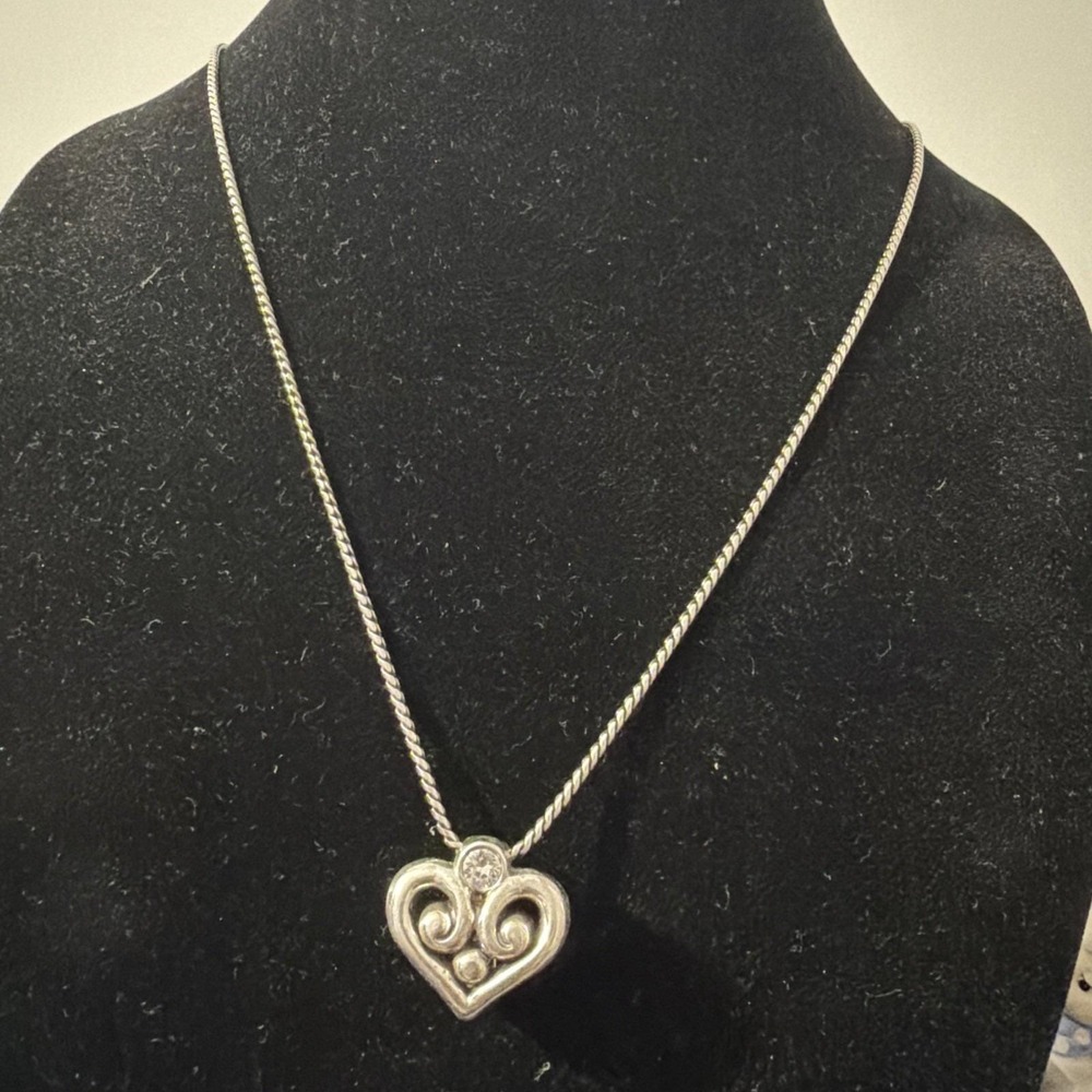 Brighton ALCAZAR Silver Scrolled Heart Crystal Long Necklace Badge Holder 32"+